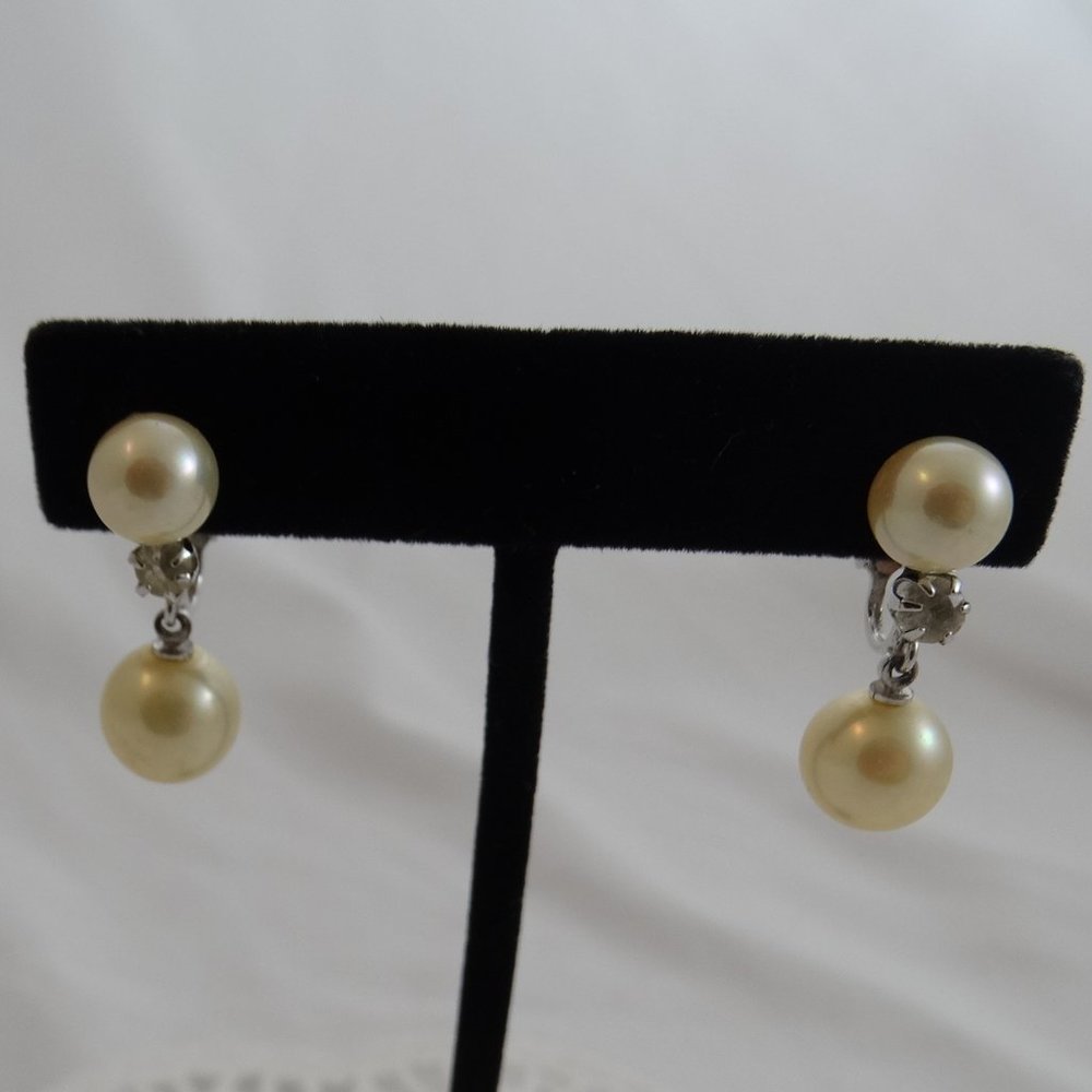 Vintage Panetta Faux Pearl Rhinestone Silver Tone Clip On Earrings